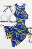 Green Sexy Print Bandage Backless Swimsuit Three Piece Set (With Paddings)