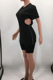 Blue Sexy Solid Hollowed Out Patchwork Zipper O Neck Short Sleeve Two Pieces