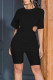 Black Sexy Solid Hollowed Out Patchwork Zipper O Neck Short Sleeve Two Pieces