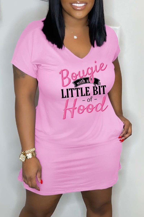 Pink Casual Letter Print Basic O Neck Short Sleeve Dress