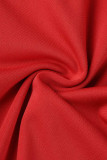 Red Casual Solid Patchwork Buttons Turn-back Collar Short Sleeve Two Pieces