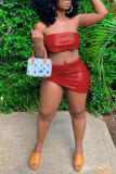 Red Sexy Solid Bandage Patchwork Asymmetrical Strapless Short Sleeve Two Pieces