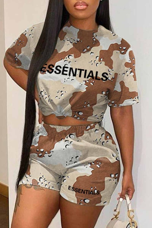 Khaki Casual Camouflage Print Letter O Neck Short Sleeve Two Pieces