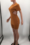 Blue Sexy Solid Hollowed Out Patchwork Zipper O Neck Short Sleeve Two Pieces