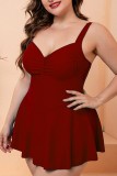 Rose Red Sexy Solid Backless Spaghetti Strap Plus Size Swimwear (With Paddings)