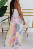 Blue Sexy Casual Print Tie Dye Backless Strapless Regular Jumpsuits