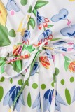 Blue Casual Print Patchwork V Neck Regular Romper
