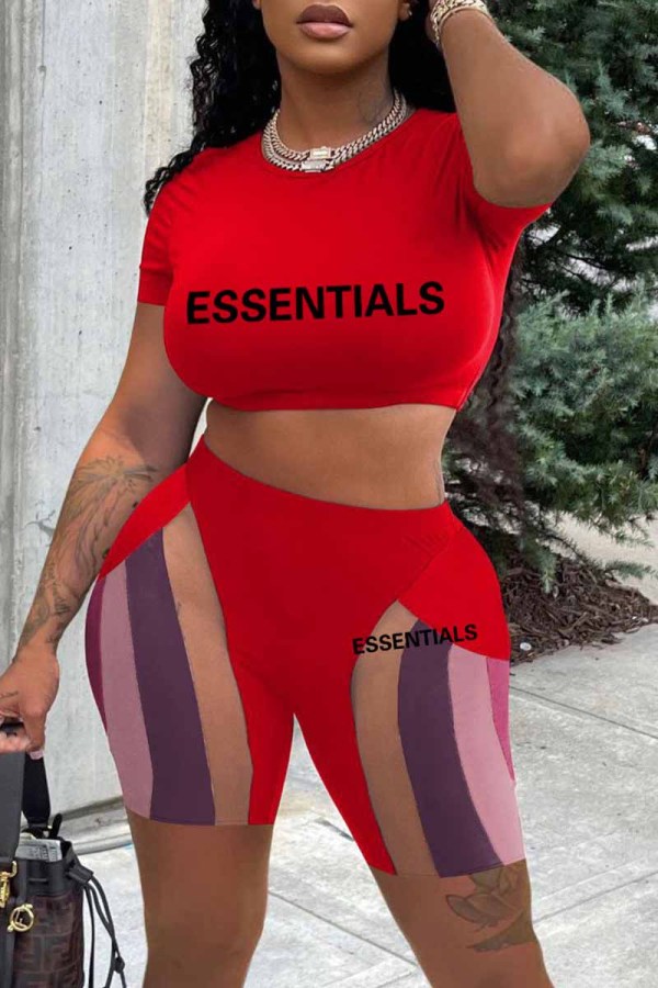 Red Sexy Print Letter O Neck Short Sleeve Two Pieces