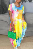 Colour Fashion Casual Print Patchwork O Neck Long Dress Plus Size Dresses