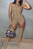 Khaki Sexy Solid Draw String Strapless Skinny Jumpsuits
