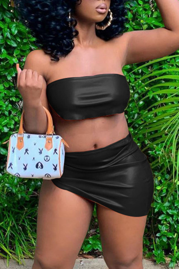 Black Sexy Solid Bandage Patchwork Asymmetrical Strapless Short Sleeve Two Pieces