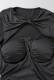 Black Sexy Solid Hollowed Out O Neck Short Sleeve Dress