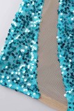 Blue Sexy Patchwork Sequins See-through O Neck Long Sleeve Dresses