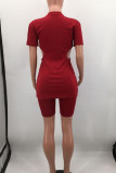 Blue Sexy Solid Hollowed Out Patchwork Zipper O Neck Short Sleeve Two Pieces