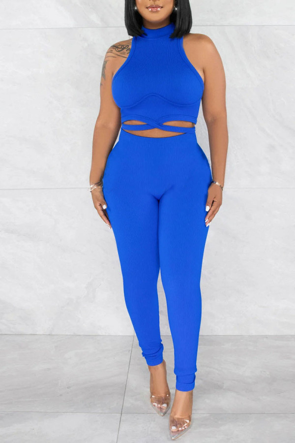 Blue Casual Solid Patchwork O Neck Sleeveless Two Pieces