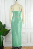 Green Sexy Patchwork Sequins Spaghetti Strap Sleeveless Two Pieces