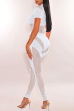 Blue Sexy Solid Patchwork See-through O Neck Skinny Jumpsuits