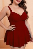 Rose Red Sexy Solid Backless Spaghetti Strap Plus Size Swimwear (With Paddings)