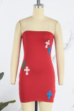 Red Sexy Print Backless Strapless Sleeveless Dress Dresses