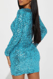 Blue Sexy Patchwork Sequins See-through O Neck Long Sleeve Dresses