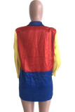 Red Notched contrast color Solid Patchwork Pure Long Sleeve