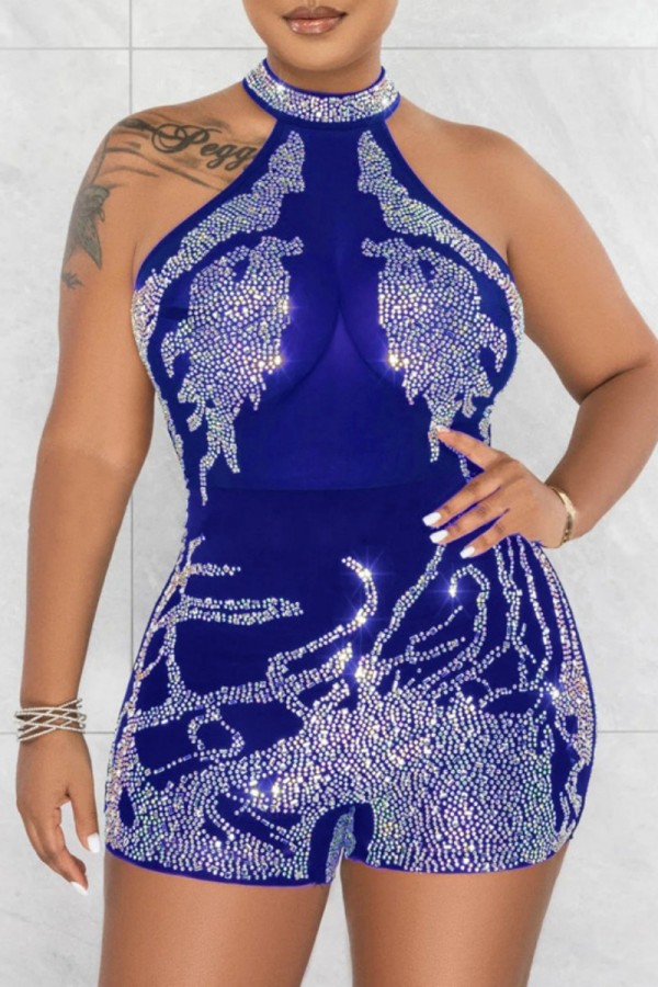 Blue Sexy Patchwork Hot Drilling See-through O Neck Skinny Romper