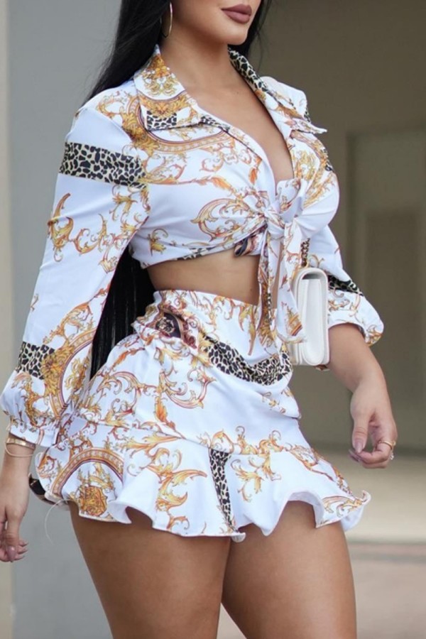 White Casual Print Bandage Turndown Collar Long Sleeve Two Pieces