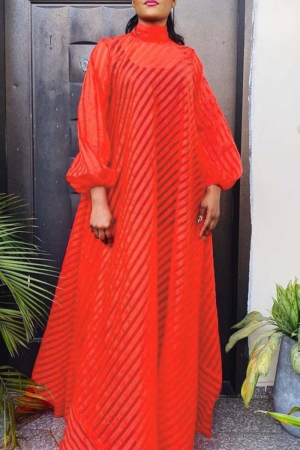 Red Casual Solid See-through Turtleneck Long Sleeve Dresses