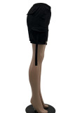 Black Casual Solid Patchwork Pocket Asymmetrical Straight High Waist Straight Solid Color Bottoms
