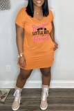 Pink Casual Letter Print Basic O Neck Short Sleeve Dress