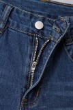 Deep Blue Casual Solid Patchwork Mid Waist Regular Denim Jeans