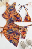 Orange Sexy Print Bandage Backless Swimsuit Three Piece Set (With Paddings)