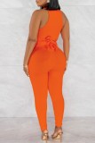 Orange Casual Solid Hollowed Out Patchwork Half A Turtleneck Sleeveless Two Pieces