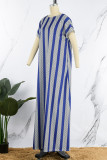 Blue Casual Striped Print Patchwork Backless O Neck Straight Dresses