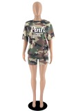 Multicolor Casual Letter Print Basic O Neck Short Sleeve Two Pieces
