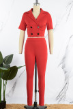 Red Casual Solid Patchwork Buttons Turn-back Collar Short Sleeve Two Pieces