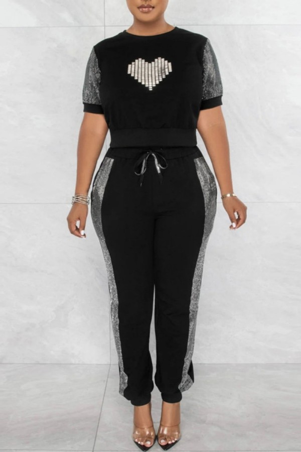 Black Casual Patchwork Basic O Neck Short Sleeve Two Pieces