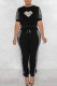 Black Casual Patchwork Basic O Neck Short Sleeve Two Pieces