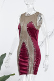 Black Sexy Patchwork Hot Drilling See-through O Neck Sleeveless Dress Dresses