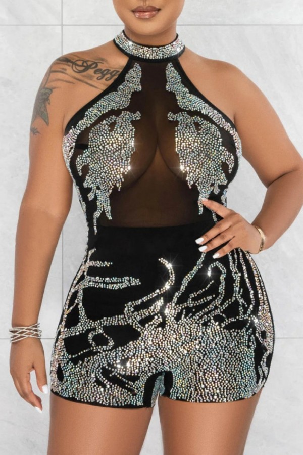 Black Sexy Patchwork Hot Drilling See-through O Neck Skinny Romper