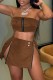 Coffee Sexy Solid Patchwork Slit Zipper Strapless Sleeveless Two Pieces