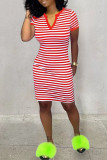 Red Casual Striped Print Patchwork V Neck One Step Skirt Dresses