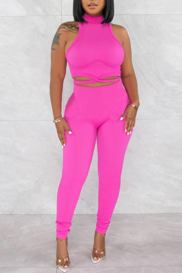 Pink Casual Solid Patchwork O Neck Sleeveless Two Pieces