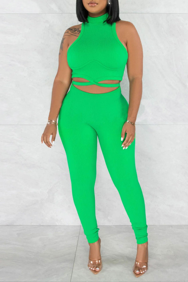 Green Casual Solid Patchwork O Neck Sleeveless Two Pieces