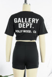 Black Casual Street Print Patchwork O Neck Short Sleeve Two Pieces