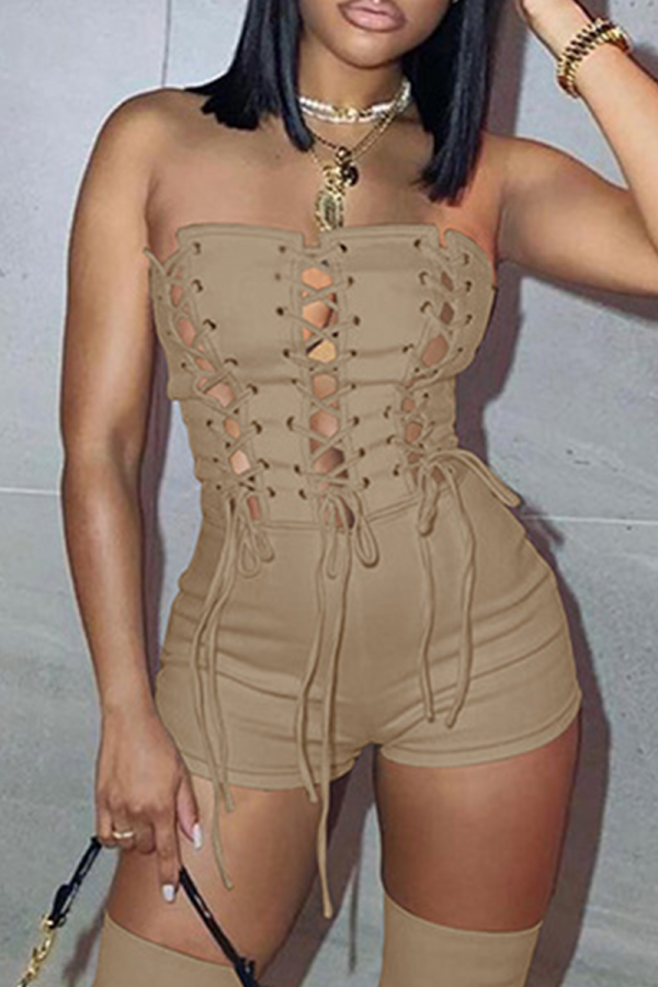 Khaki Sexy Solid Draw String Strapless Skinny Jumpsuits
