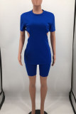 Blue Sexy Solid Hollowed Out Patchwork Zipper O Neck Short Sleeve Two Pieces