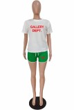 Green Casual Sportswear Print Letter O Neck Short Sleeve Two Pieces