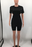 Blue Sexy Solid Hollowed Out Patchwork Zipper O Neck Short Sleeve Two Pieces