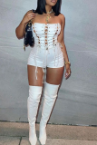 White Sexy Solid Draw String Strapless Skinny Jumpsuits